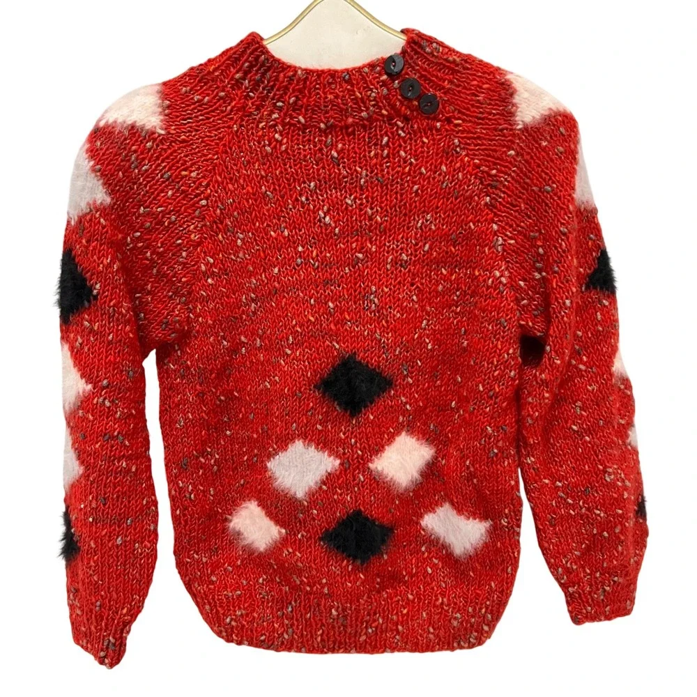 Handknitted Red Chunky Argyle Sweater Mock Neck Grannycore Cabin‎ Preppy Small